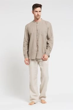 Men’s Hemp Cotton Long Sleeve Grandpa Shirt -Home Sales Store MST017 SAND F 813x1220 1